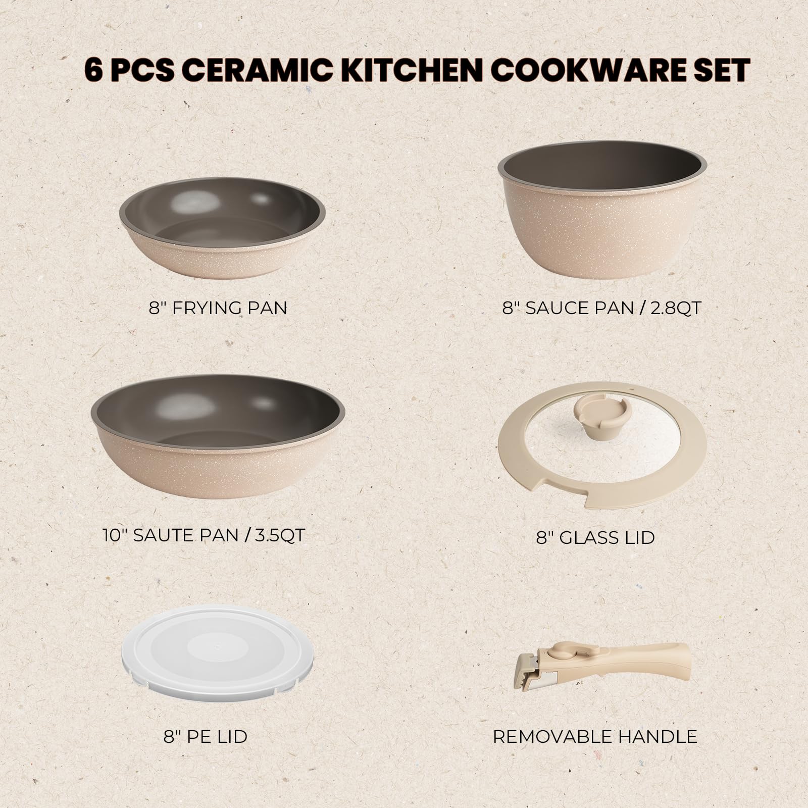 ZHANG XIAO QUAN SINCE 1628 Pots and Pans Set Non Stick, Taupe Pots and Pans Set, 6PCS Aluminium Oven Safe Cookware Set, PTFE/PFAS/PFOA Free Cookware, Non Stick Pots and Pan Set Detachable Handle