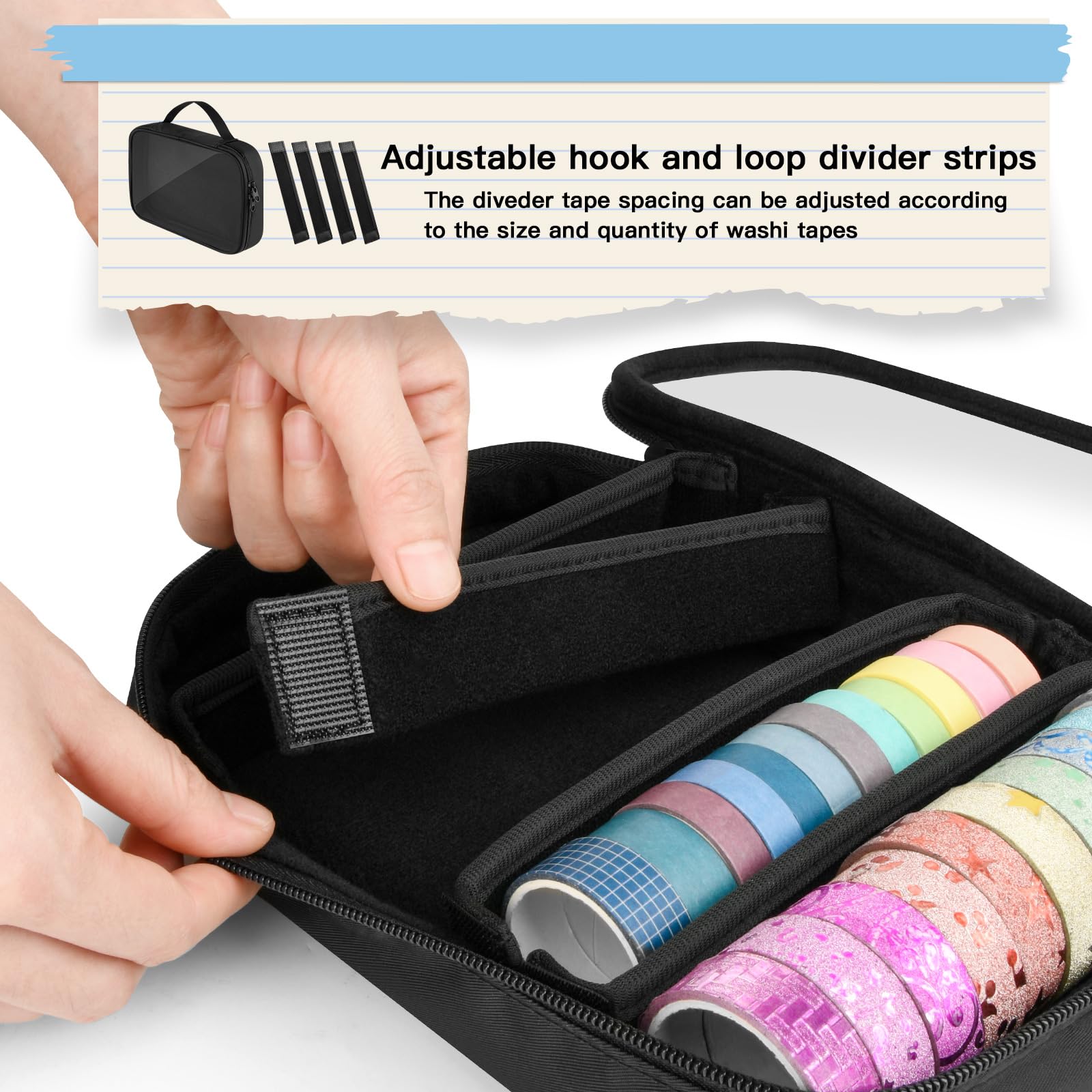 Homakover Washi Tape Organizer Carry Case with Remove Divider Strip, Tape DIY Sticker Roll Tape Holder Wrapping Ribbon Storage Bag with Handle Strap, Clear PVC Window, Black