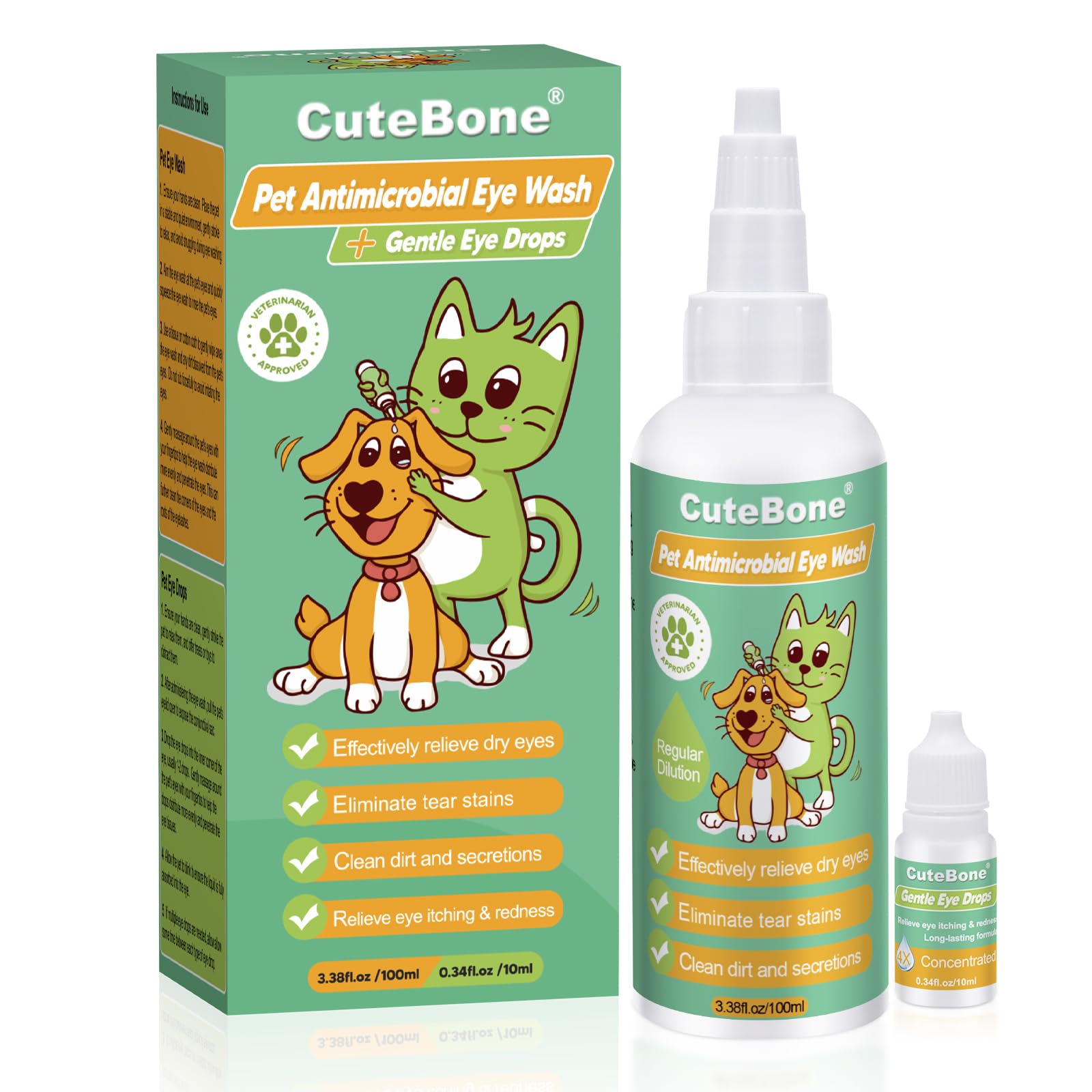 CuteBone Gentle Dog Eye Wash 3.38 fl.oz & Eye Drops 0.34 fl.oz Kit - Effectively Relieve Dry Eye Itching & Redness - Cleanses Dirt & Reduces Irritation - Eliminate Tear Stains for Pet