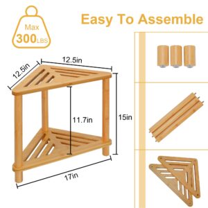 Bamboo Corner Shower Stool for Inside Shower Shaving Legs, Waterproof Bathroom Shower Bench Seat with Storage Shelf for Bathroom, Shower Foot Rest for Small Spaces, Bath Seat