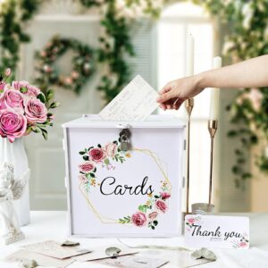 OurWarm PVC White Wedding Card Box with Lock, DIY Gift Card Box for Wedding Reception, Pink Rose Wedding Money Envelope Box for Party Graduation Birthday Baby Shower Decorations