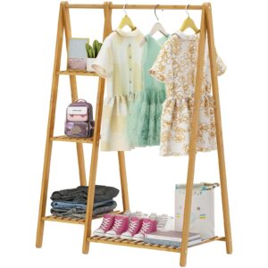 ocbuct bamboo small clothes rack,kids clothing rack,bamboo wood garment rack with shelves, narrow,short mini cloth racks for hanging clothes,simple,free standing