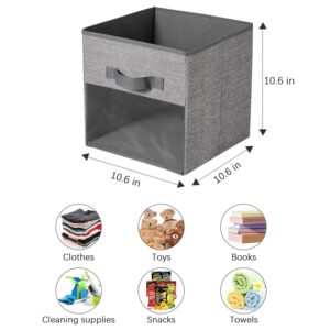 EITMOW 11 inch Closet Open Storage Bins with Clear Window with Reinforced Handles, Woven Fabric Storage Cubes, Foldable Organizer Bins for Closet Shelves, Clothes. (3PCS/Grey)