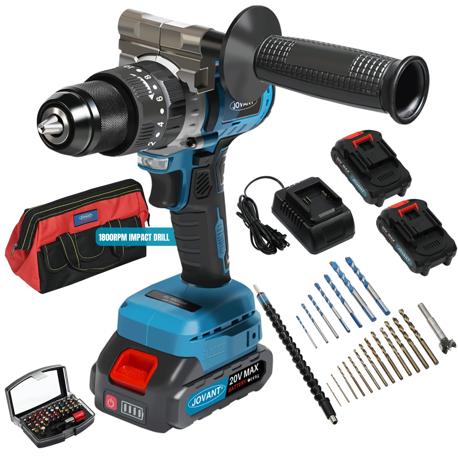 20V Max Cordless Hammer Drill, 1/2" Keyless All Metal Chuck Brushless Impact Drill with 2x2.0Ah Batteries and Charger, Compact Driver Drill for Metal, Wood, Thick Concrete -JOVANT