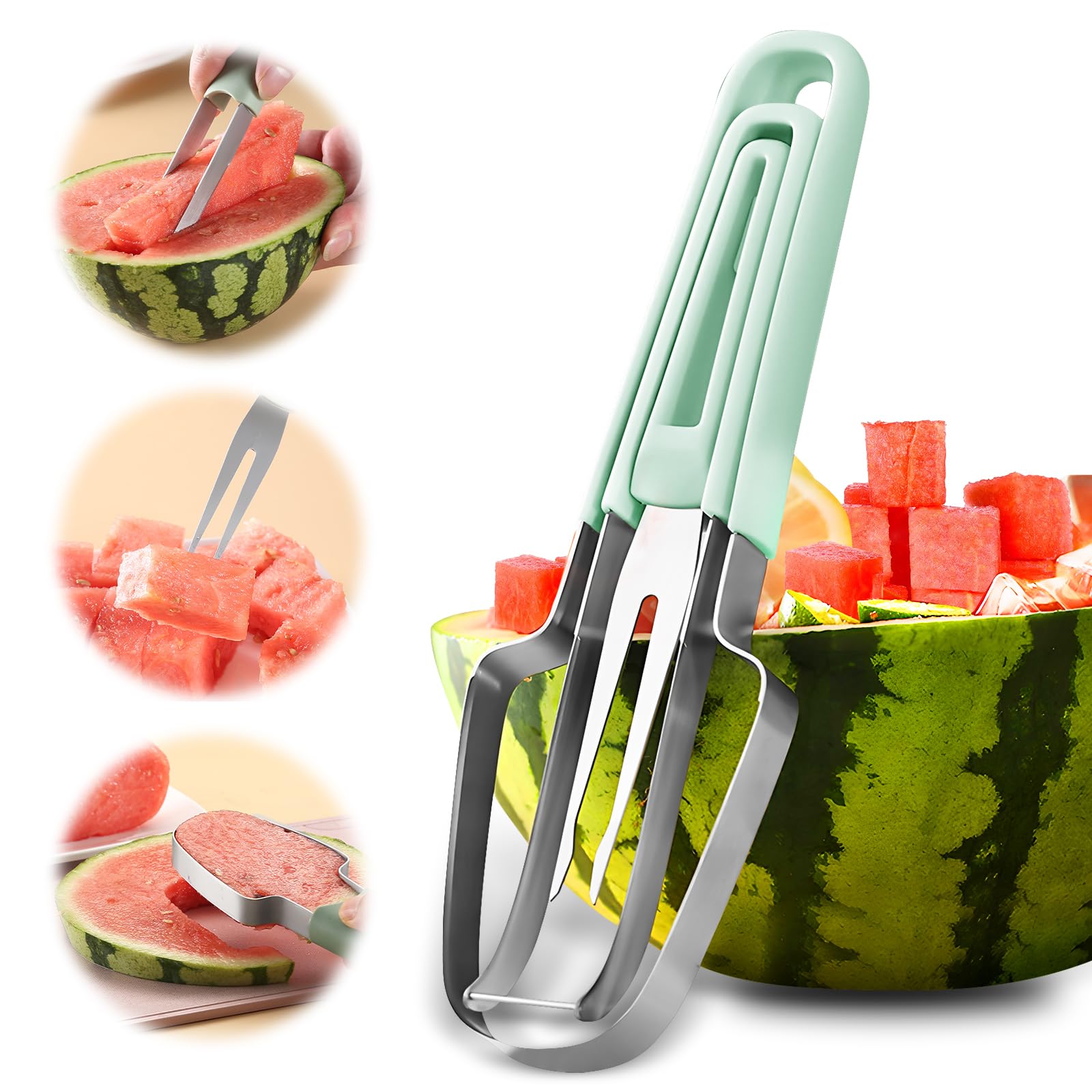 Banyaa Watermelon Cutter Slicer Tool, 3-in-1 Watermelon Fork Slicer Cutter, Stainless Steel Watermelon Popsicle Cutter, Multi Watermelon Slicer Melon Cutter for Camping Kitchen Gadgets (Green)