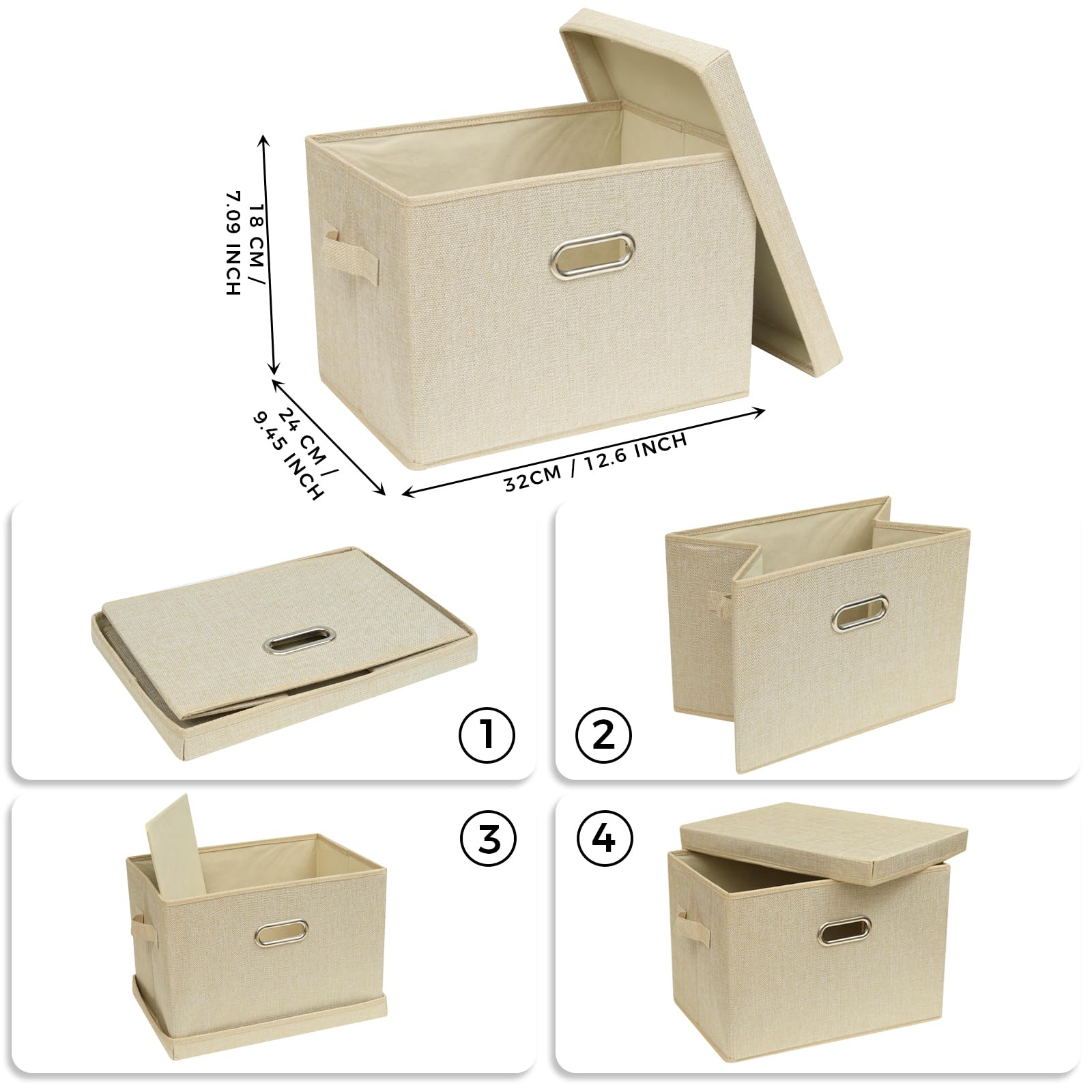 SNWDN 4 Pack Collapsible Fabric Storage Bins with Lids Fabric storage bins with Lids for Household and office use (Beige 12.6x9.5x7.1 inches)