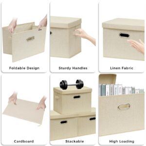 SNWDN 4 Pack Collapsible Fabric Storage Bins with Lids Fabric storage bins with Lids for Household and office use (Beige 12.6x9.5x7.1 inches)