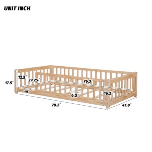 Brafab Montessori Floor Bed with Safety Guardrails and Door, Twin Size Solid Pine Wood Floor Bed Frame with Slats, Full Length Fence for Girls, Boys, Child Bedroom, Kids Playroom (Natural)