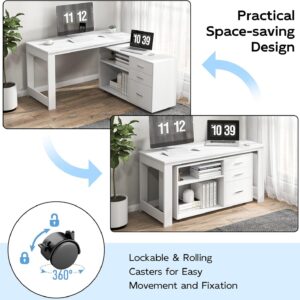 MU 55inch White L Shaped Desk, Corner Computer Desk with 3 Drawers and 2 Shelves, Writing Office Table with Storage File Cabinet, Large Executive Desk with Wheels for Home Office, Bedroom