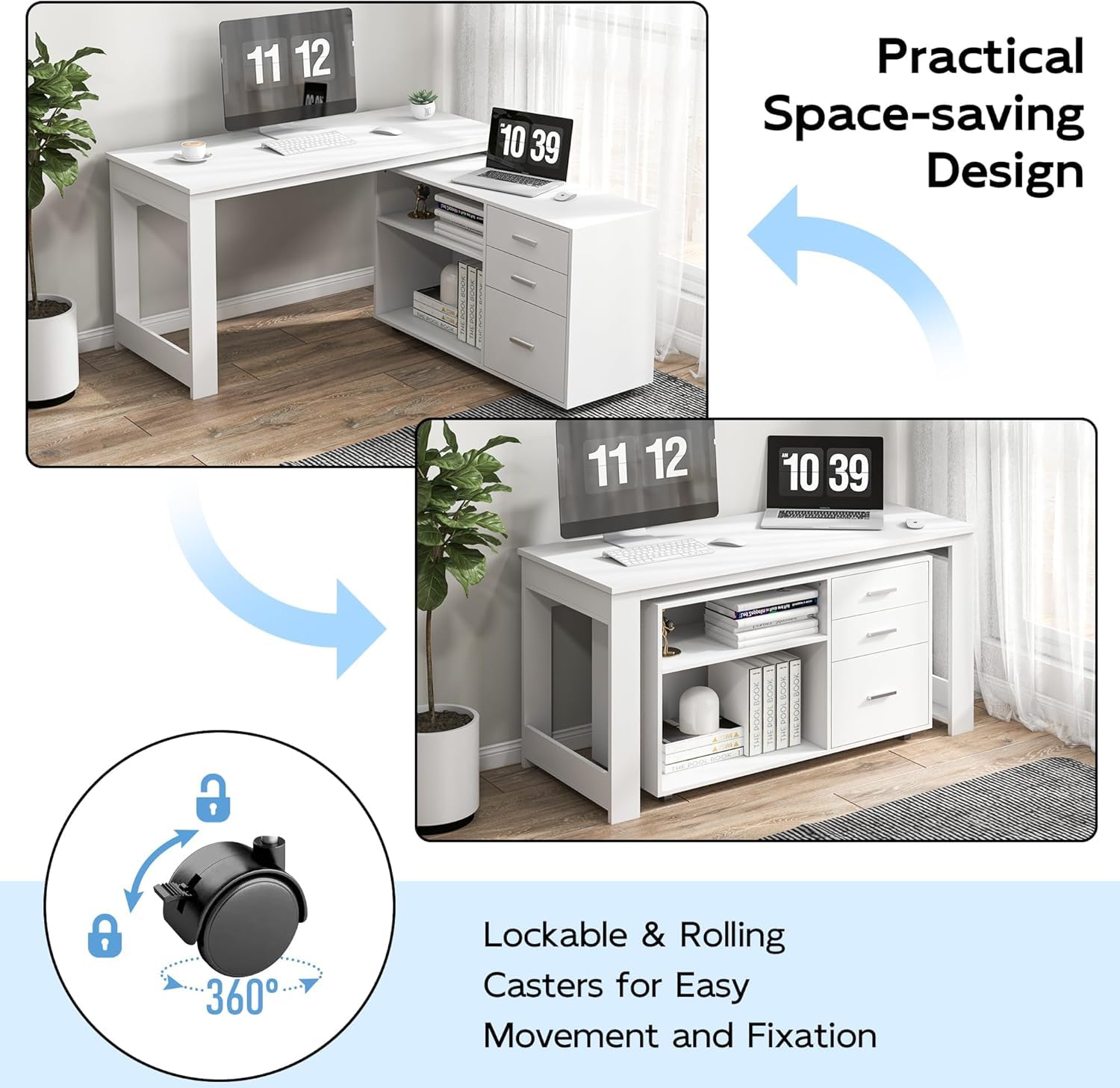 MU 55inch White L Shaped Desk, Corner Computer Desk with 3 Drawers and 2 Shelves, Writing Office Table with Storage File Cabinet, Large Executive Desk with Wheels for Home Office, Bedroom