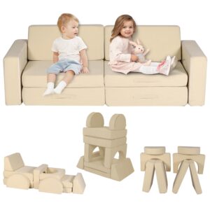 vinyuse kids couch 10pcs, modular kids sofa for playroom bedroom living rooms, 10 in 1 multifunctional kids sofa for playing, creativing, sleeping, kids furniture for gift, beige