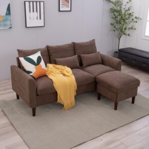 Panana Convertible Sectional Sofa Couch, 3-seat L-Shaped Couch with Ottoman, Couches with Linen Fabric, with Moveable Ottoman for Apartment/Upstairs Loft/Living Room (Brown - Curved Arm)