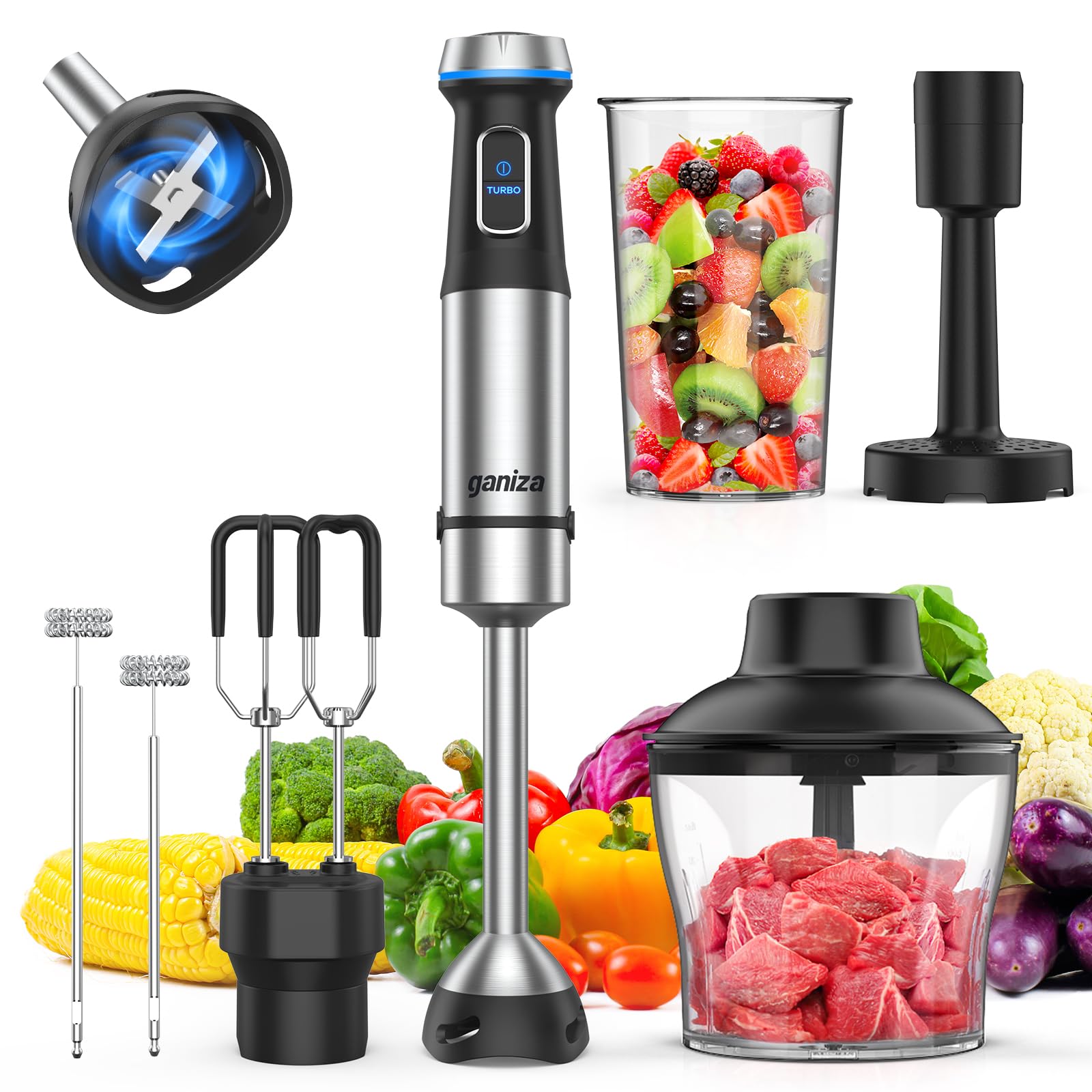 Ganiza Immersion Blender, 6 in 1 Hand Blender Stainless Steel Blade, 15 Speed Stick Blender Electric, Immersion Blender Handheld with 800ml Mixing Beaker, 600ml Chopper, Whisk, Frother, Potato Masher