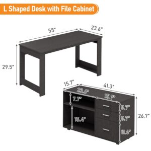 MU Gray L Shaped Desk with Drawers, Corner Desk with 3 Drawers and 2 Shelve, Executive Office Desk with Storage File Cabinet for Home Office Workstation, Bedroom, 55 inch