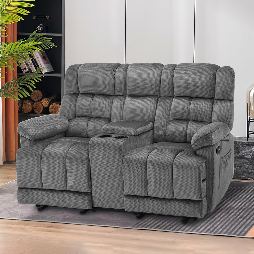 MCombo Fabric Power Loveseat Recliner with Console, Electric Reclining Loveseat Sofa with Heat and Vibration, USB Charge Ports for Living Room RS6234 (Grey)