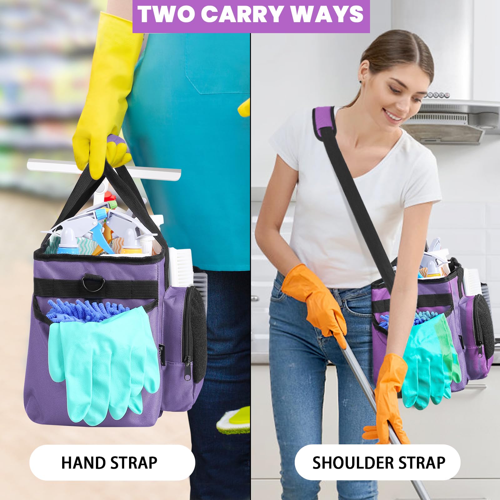 Timoxi Wearable Cleaning Caddy Bag, Cleaning Organizer with Handles, Cleaning Supply Tote with Adjustable Shoulder Strap for Cleaners & Housekeeper (Purple, 13.4'' x 7.3'' x 9.3'')