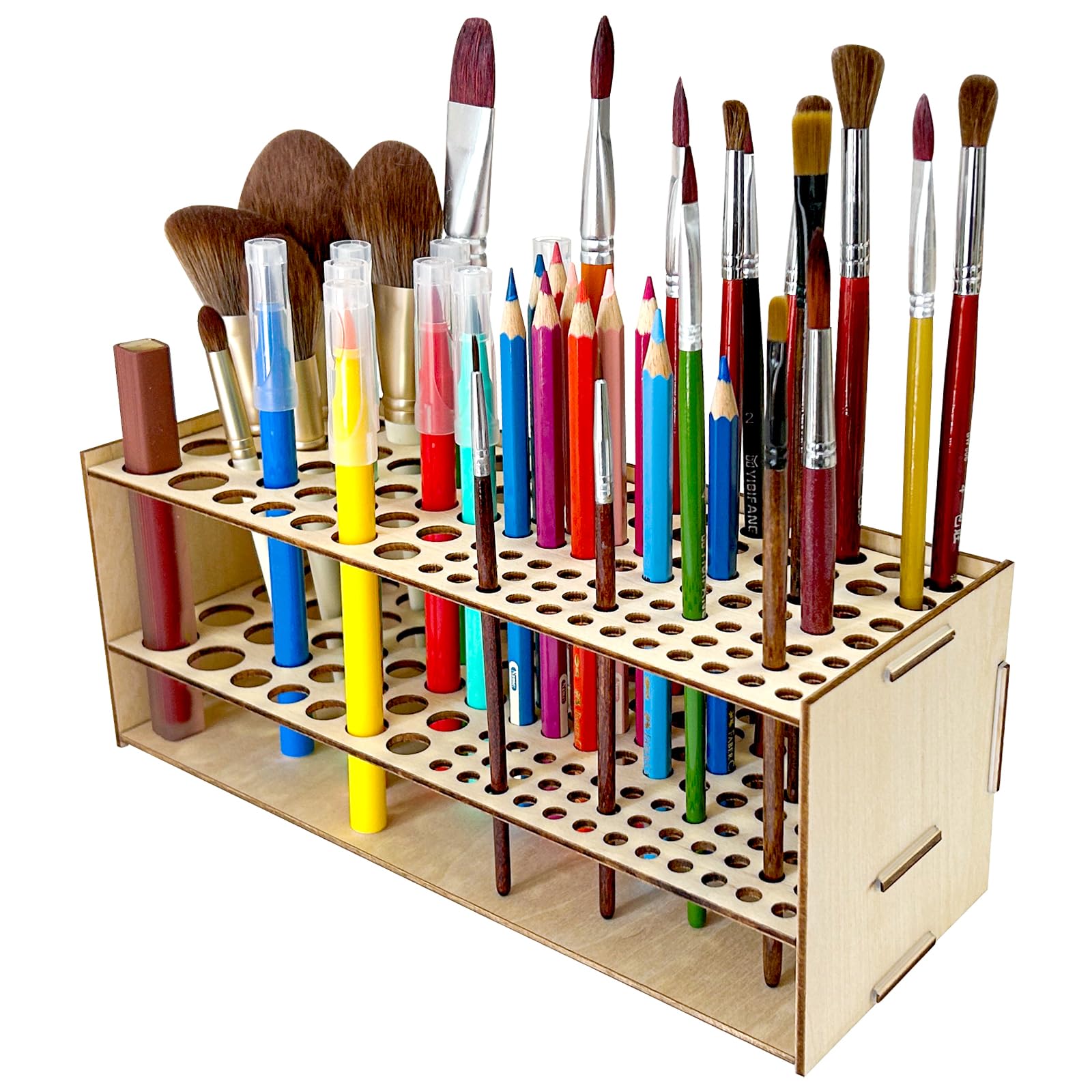 HESHUYU Wooden Paint Brush Holder 105 Holes Paintbrush Holder Organizer Paint Brush Stand Rack with Silicone Rings - Wood Paint Brush Holder for Pens Pencils Artist