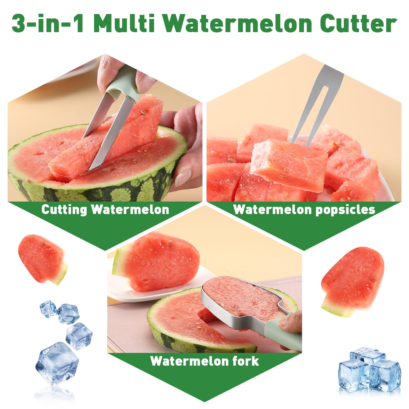 Banyaa Watermelon Cutter Slicer Tool, 3-in-1 Watermelon Fork Slicer Cutter, Stainless Steel Watermelon Popsicle Cutter, Multi Watermelon Slicer Melon Cutter for Camping Kitchen Gadgets (Green)