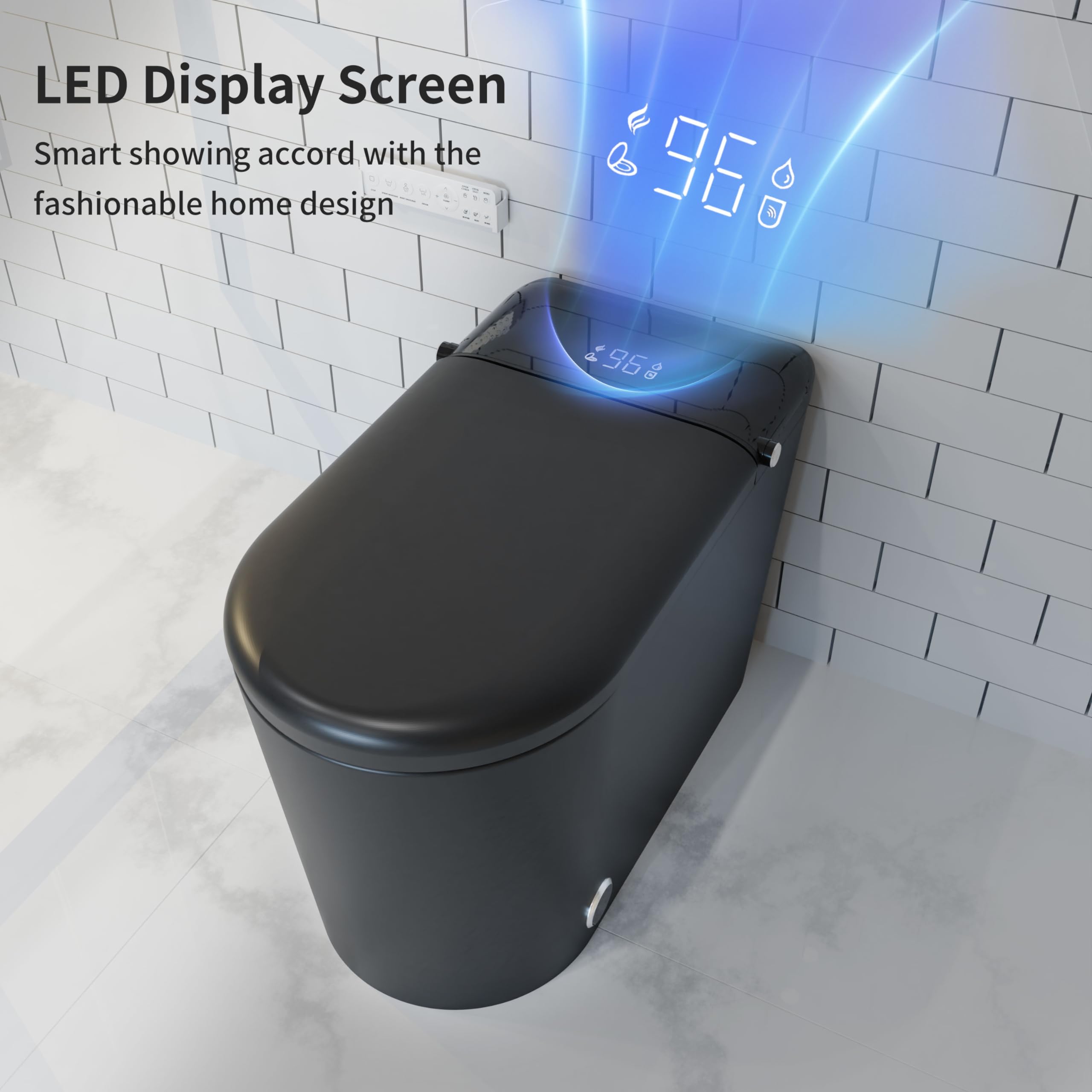 Smart Toilet with Bidet Built in, Auto Open & Close, Elongated Heated seat, Foot Sensor Flush, LED Display, Warm Water Wash, Dryer, Night Light, Black