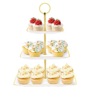 hoedia 3 tier cupcake stand tower, white plastic cup cake holder for dessert table, tiered serving tray for tea party, baby shower, wedding and more (square)