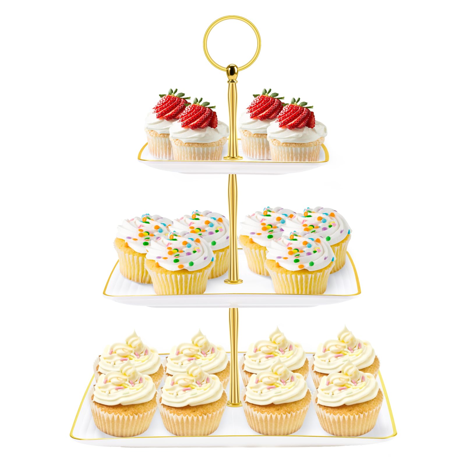 Hoedia 3 Tier Cupcake Stand Tower, White Plastic Cup Cake Holder for Dessert Table, Tiered Serving Tray for Tea Party, Baby Shower, Wedding and More (Square)