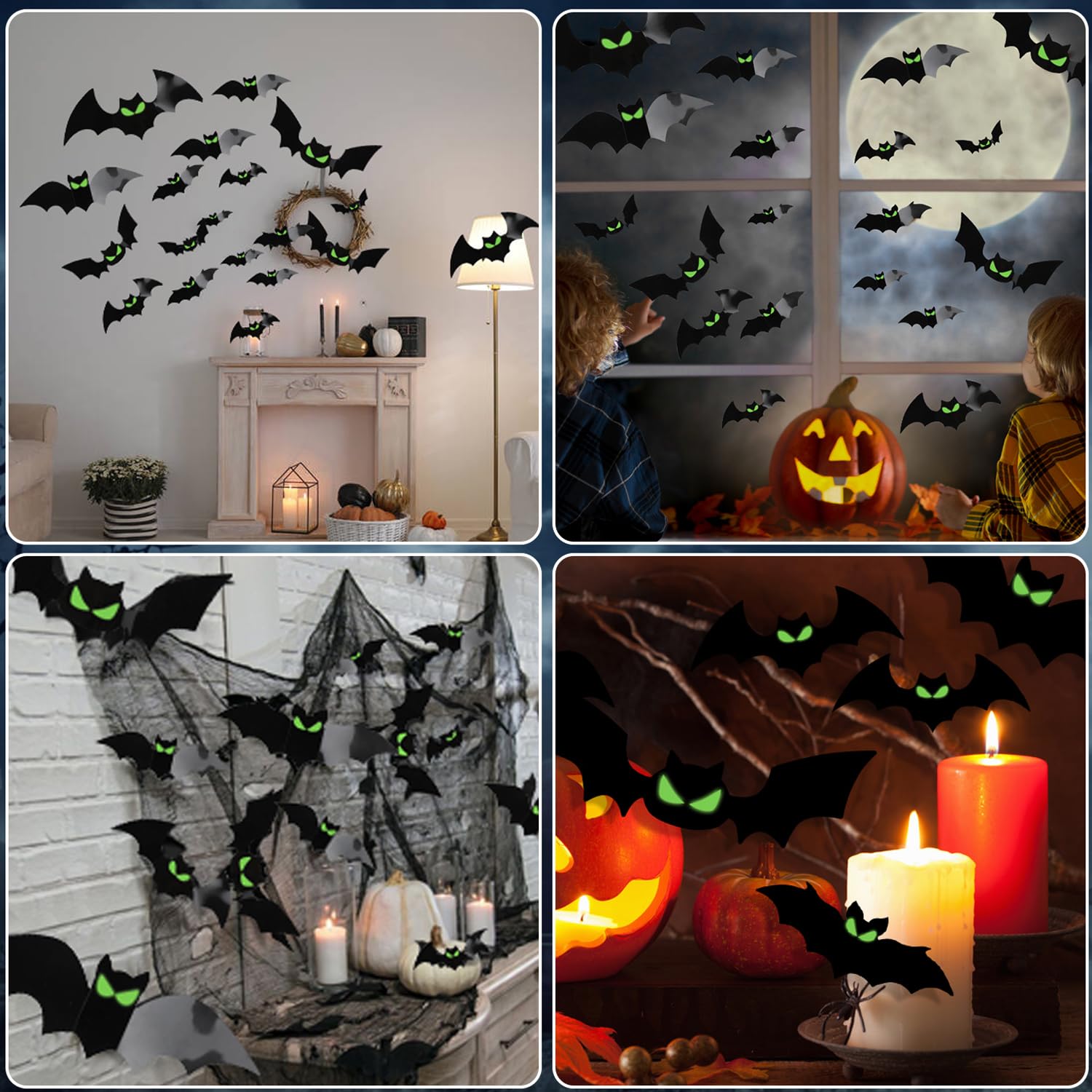 DIYASY 144 Pcs Bats Wall Decor, Glow in The Dark Bats 3D Bat Cutouts Halloween Decorations Light Up Eyes Paper Bats Stickers Black Plastic Sticky Decals for Home Indoor Outdoor décor Outside