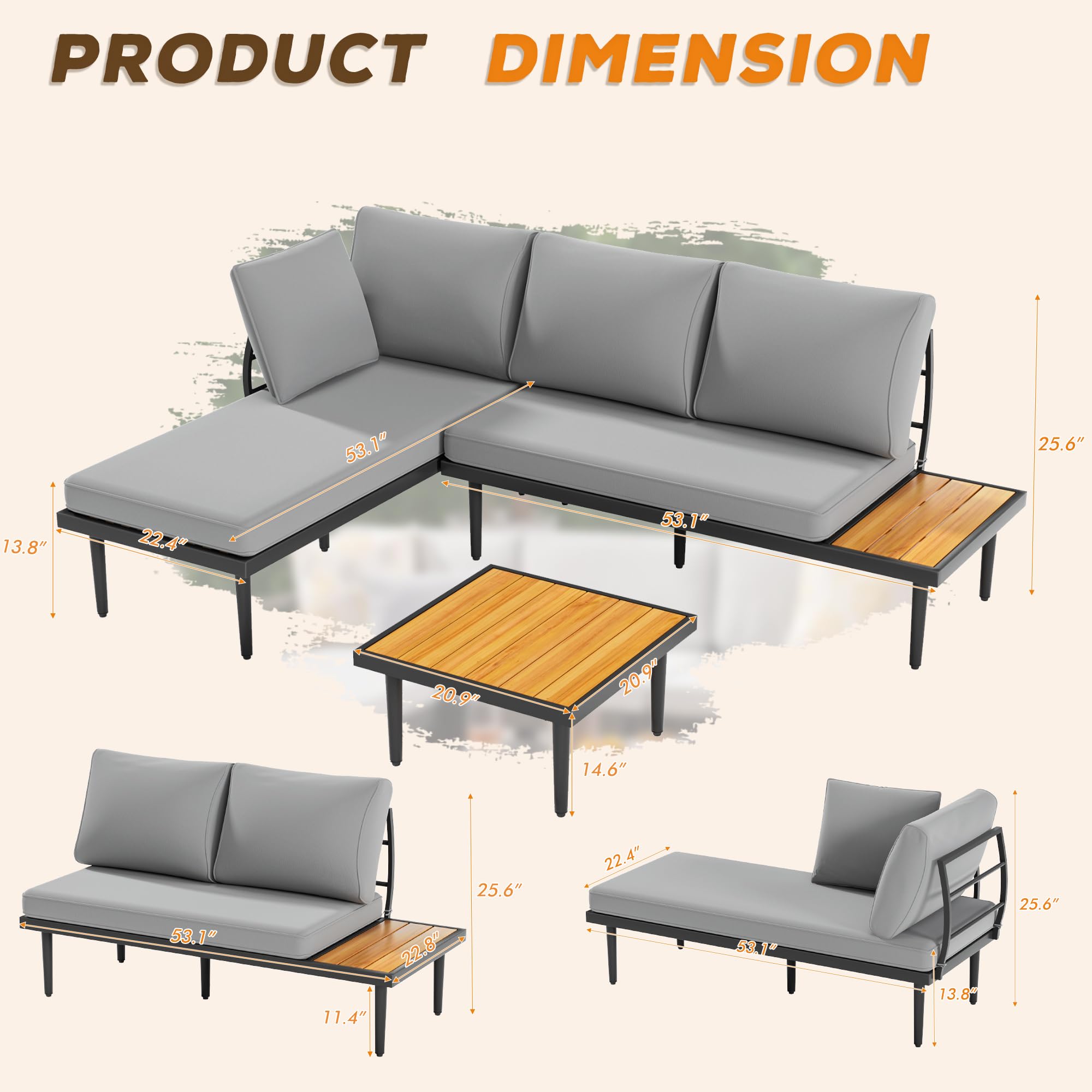 Devoko Outdoor Sectional Furniture Patio Sectional Sofa with Acacia Wood Table, Patio L-Shaped Conversation Set with All-Weather Cushion for Patio,Garden,Backyard(Gray)