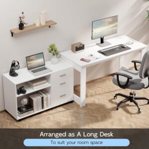 MU 55inch White L Shaped Desk, Corner Computer Desk with 3 Drawers and 2 Shelves, Writing Office Table with Storage File Cabinet, Large Executive Desk with Wheels for Home Office, Bedroom