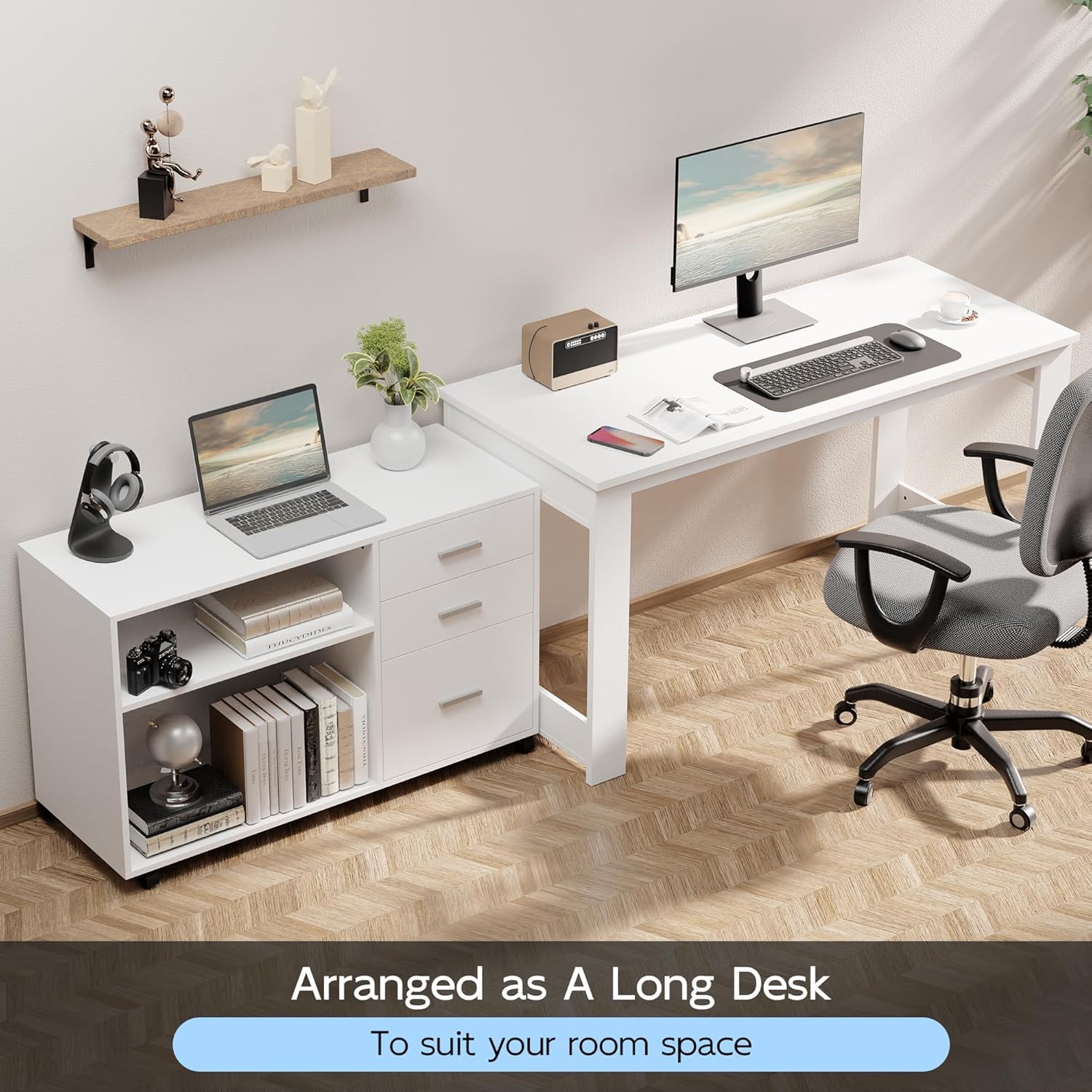 MU 55inch White L Shaped Desk, Corner Computer Desk with 3 Drawers and 2 Shelves, Writing Office Table with Storage File Cabinet, Large Executive Desk with Wheels for Home Office, Bedroom