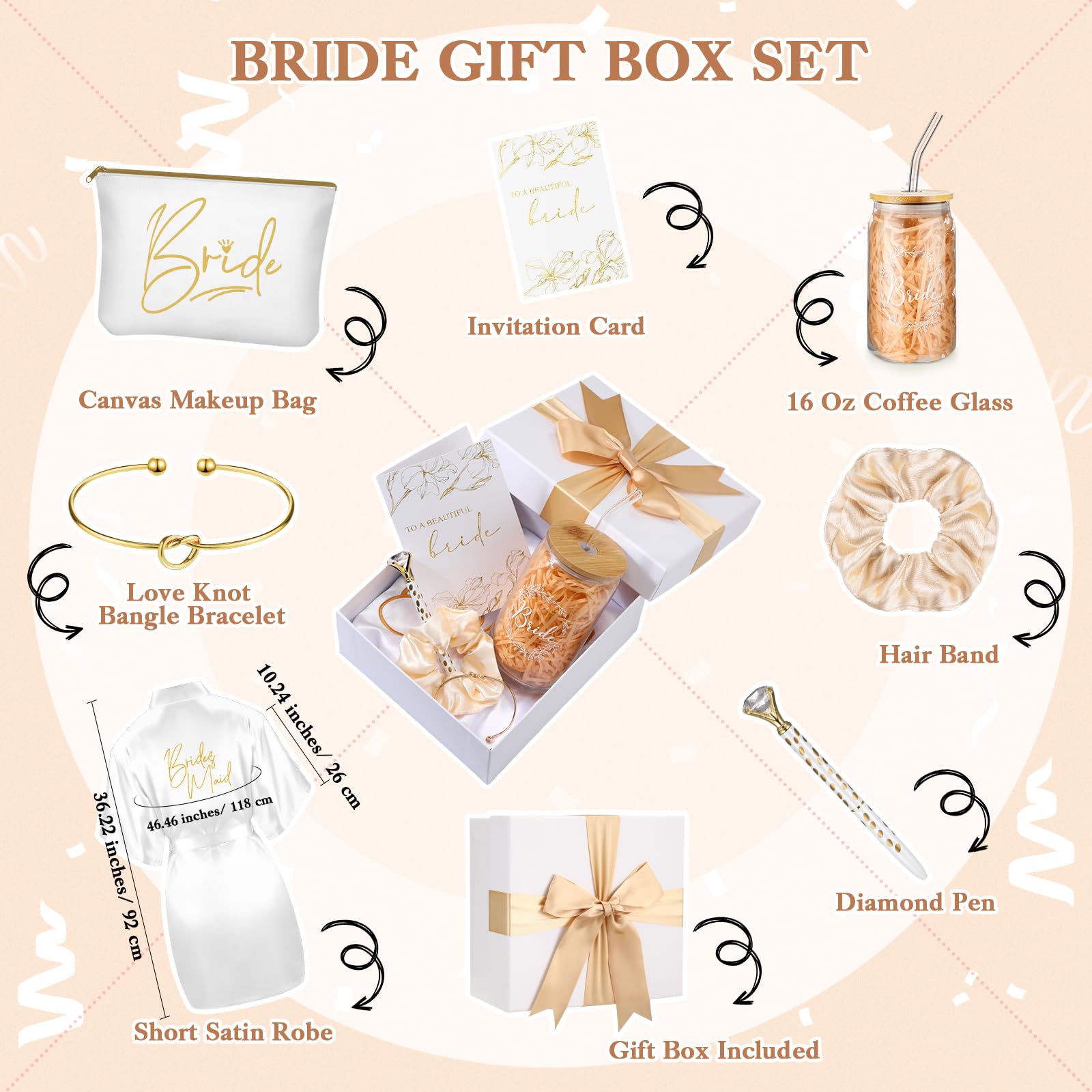 Irenare 8 Pcs Bride Gift Set Robe Cup Makeup Bag Bracelet Scrunchies Card Pen Gift Box for Bridal Shower Wedding Bachelorette(White)