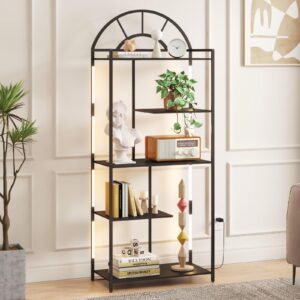 lifewit arched geometric led display shelf with adjustable color temperature, brightness control, etagere bookshelf with metal frame and wood shelf for living room, bedroom, curio cabinet, black