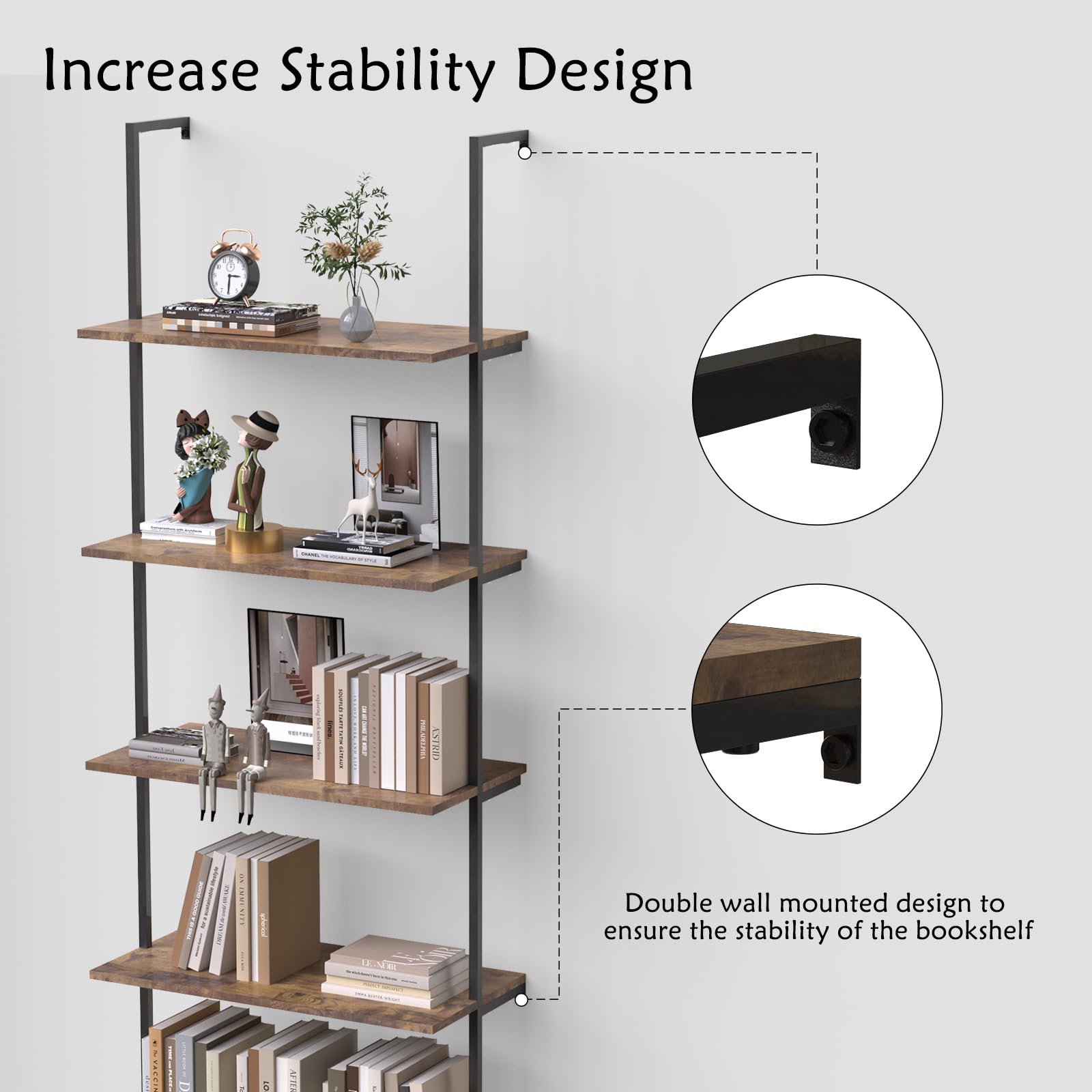 Dosker Bookshelf 5-Tier Industrial Ladder Shelf,Brown Shelves Wall Mounted Bookshelf Open Storage Rack Display Shelf Plant Stand for Living Room Kitchen Home Office Bedroom