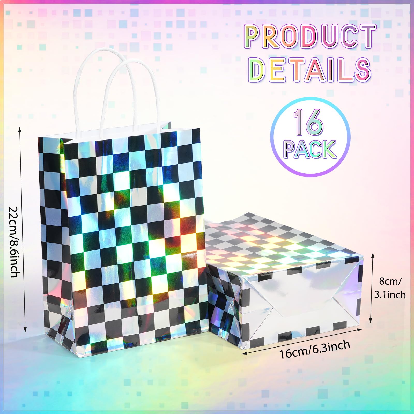 16Pcs Iridescent Checkered Race Car Party Favor Bags, Black and Iridescent Car Goodie Bags with Handles, Laser Plaid Kraft Paper Candy Gift Treat Bags for Kids Fast Race Car Birthday Party Decorations