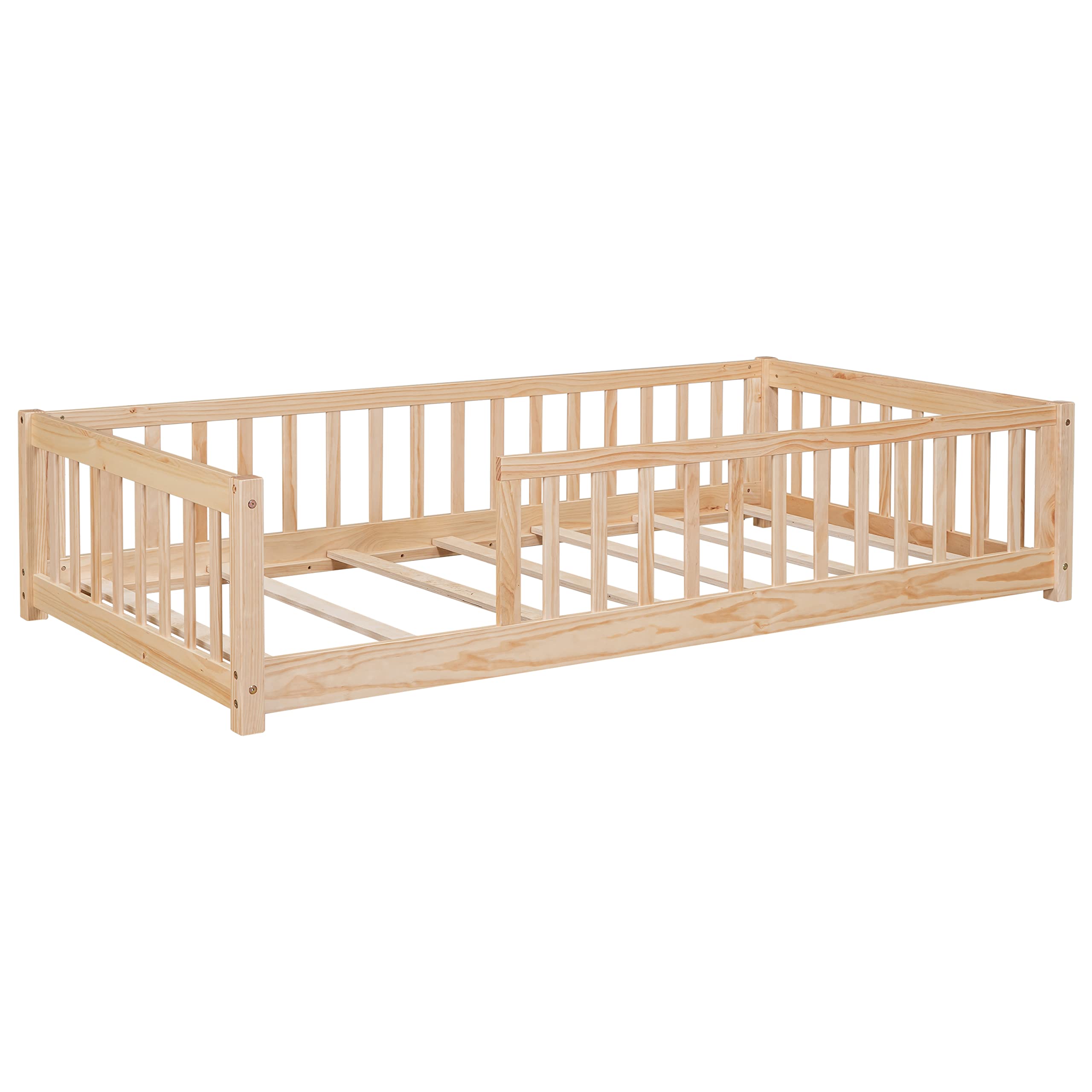 Brafab Montessori Floor Bed with Safety Guardrails and Door, Twin Size Solid Pine Wood Floor Bed Frame with Slats, Full Length Fence for Girls, Boys, Child Bedroom, Kids Playroom (Natural)