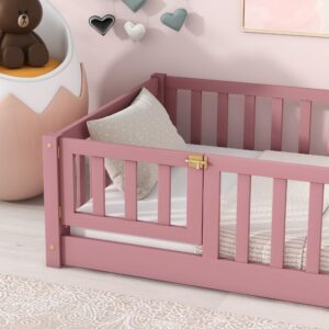 Brafab Montessori Floor Bed with Safety Guardrails and Convertible Door, Twin Size Solid Pine Wood Floor Bed Frame with Slats, Full Length Fence for Girls, Boys, Child Bedroom, Kids Playroom (Pink)