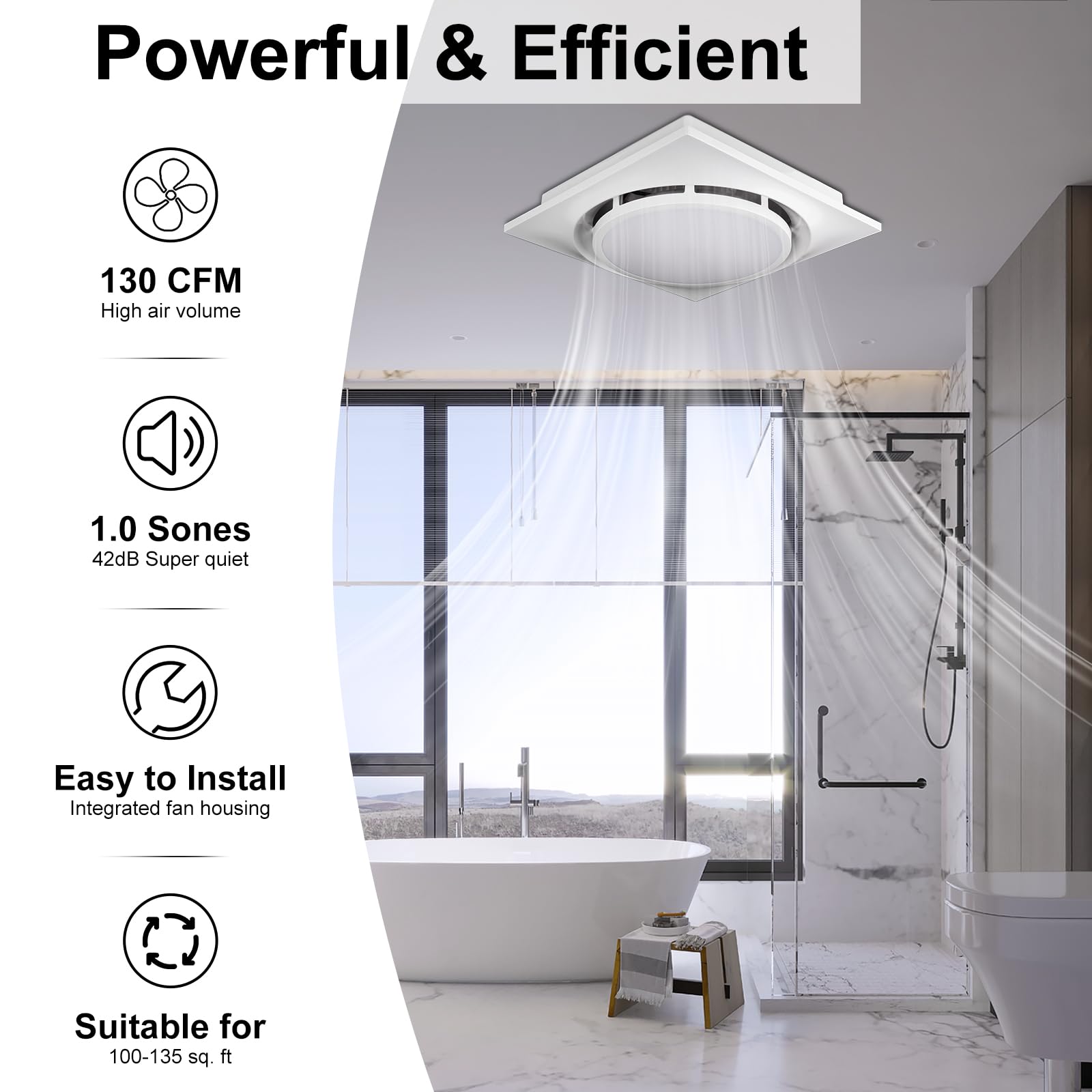 Mmucco Bathroom Exhaust Fan with Light,130 CFM 1.0 Sones Double Switch Ultra Quiet Bathroom Vent Fan for Home Bathroom Office Hotel,LED 6500K 12w,Fan 25w 110V