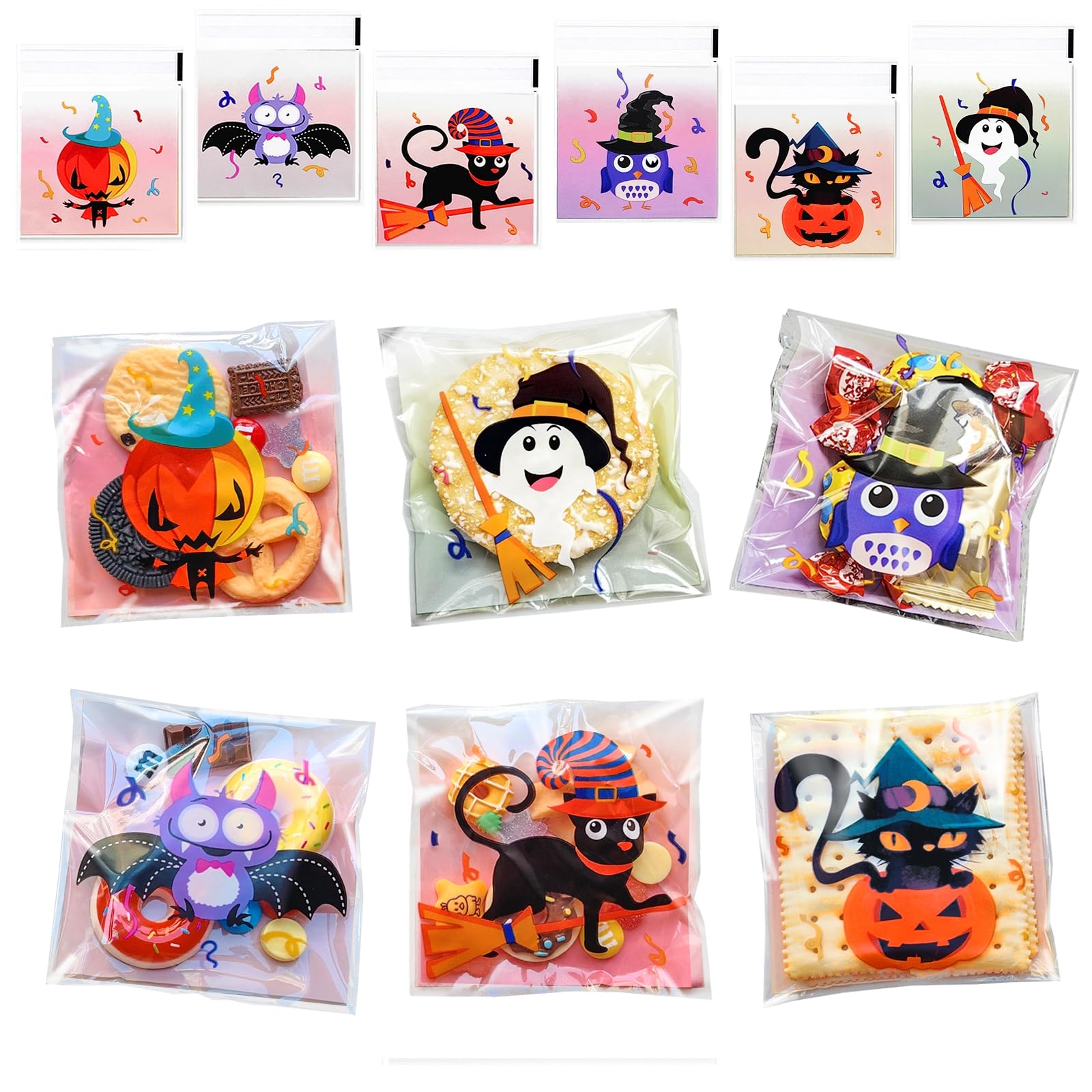 AXYEEUR 200 Pcs Halloween Candy Bags,Halloween Self Adhesive Clear Cookie Treat Bags,6 Styles Halloween Cellophane Bags for Party Favors Supplies