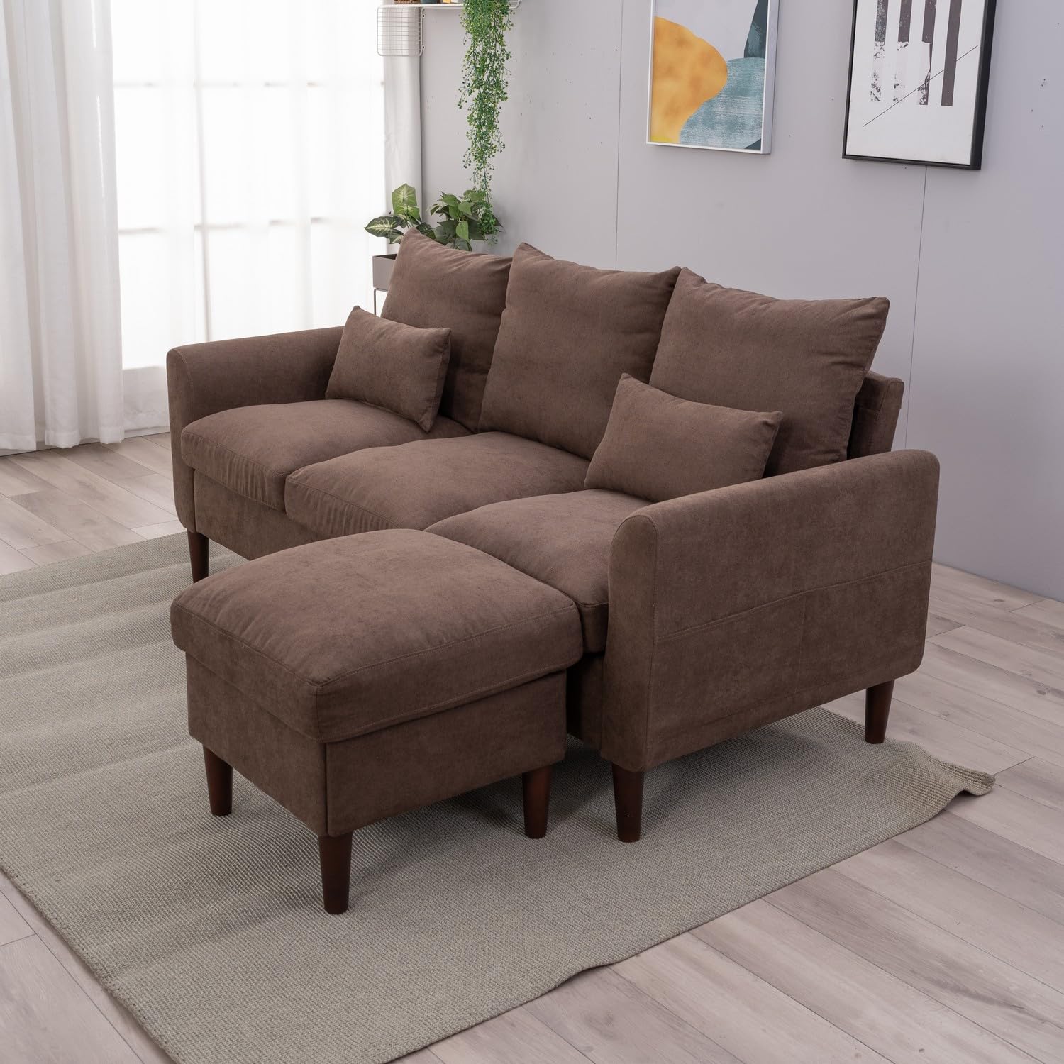 Panana Convertible Sectional Sofa Couch, 3-seat L-Shaped Couch with Ottoman, Couches with Linen Fabric, with Moveable Ottoman for Apartment/Upstairs Loft/Living Room (Brown - Curved Arm)