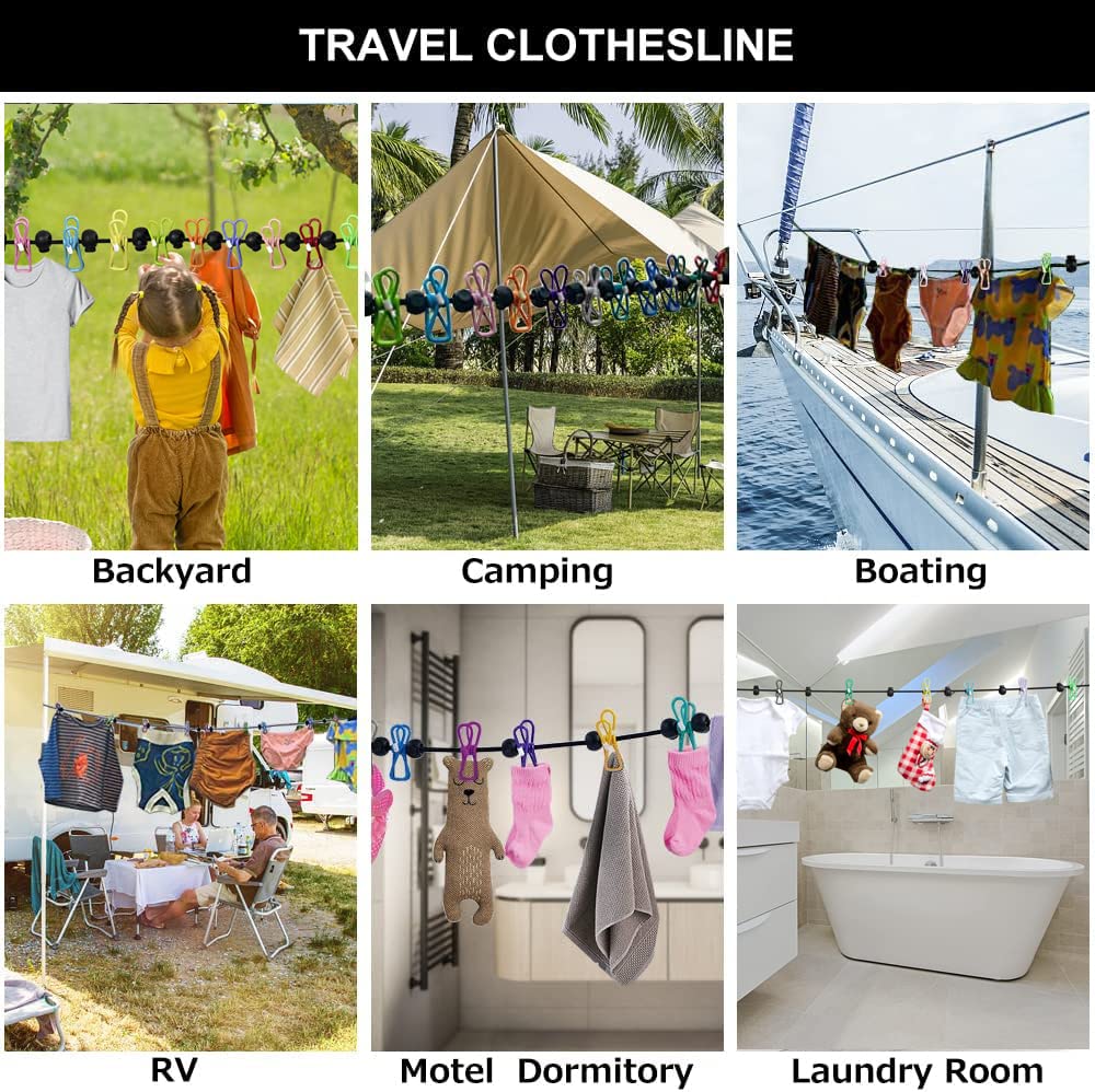 Clothesline，Retractable Portable Clothesline for Travel，Clothing line with 12 Clothes Clips，for Indoor and Outdoor Laundry Drying line，Outdoor Camping Accessories