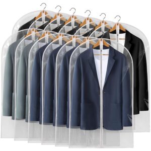 perber 40" all clear garment bags for hanging clothes, 12 packs suit bags for closet storage, plastic waterproof suit cover bags with zipper for coats, jackets, shirts (set of 12)