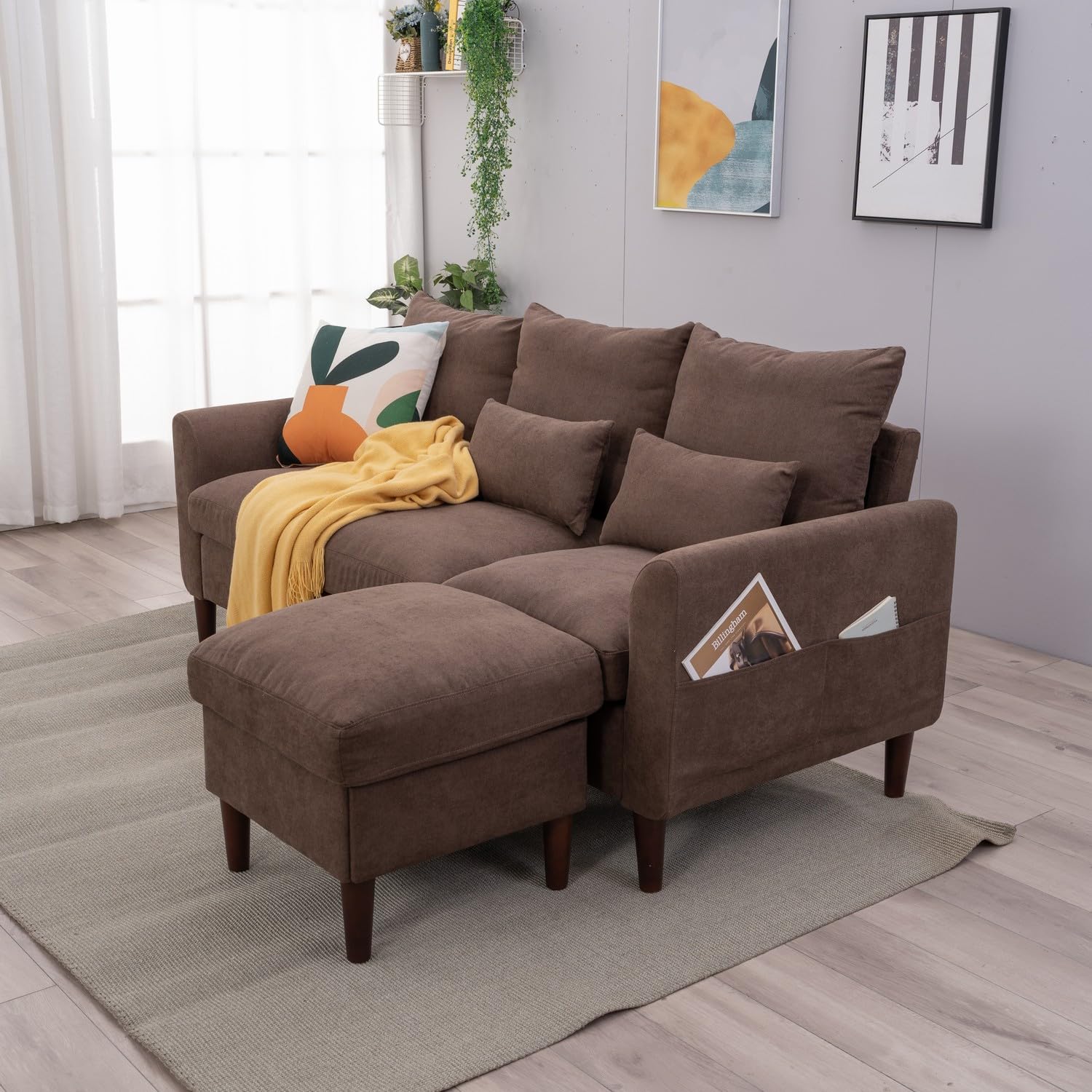 Panana Convertible Sectional Sofa Couch, 3-seat L-Shaped Couch with Ottoman, Couches with Linen Fabric, with Moveable Ottoman for Apartment/Upstairs Loft/Living Room (Brown - Curved Arm)