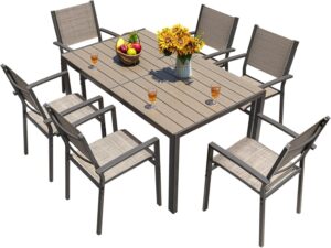 homall patio dining set 7 pieces outdoor furniture with large table and 6 textilene chairs for porch, brown