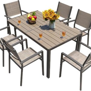 Homall Patio Dining Set 7 Pieces Outdoor Furniture with Large Table and 6 Textilene Chairs for Porch, Brown