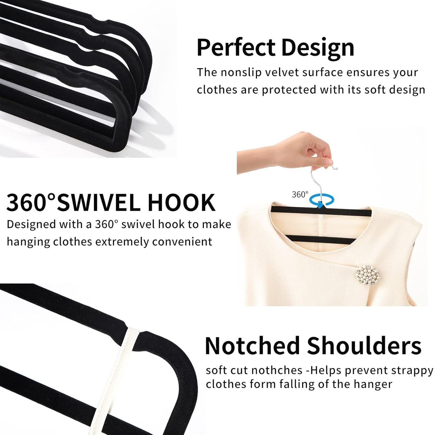 Velvet Pant Hangers, 20pcs Heavy Duty Flocked Trouser Hangers with Non-Slip Bar, 35cm(L) Adult Clothes Hanger with Swivel Hook, Slim Felt Jean Hangers for Shorts, Dress, Scraf, Bar (Black-Silver)