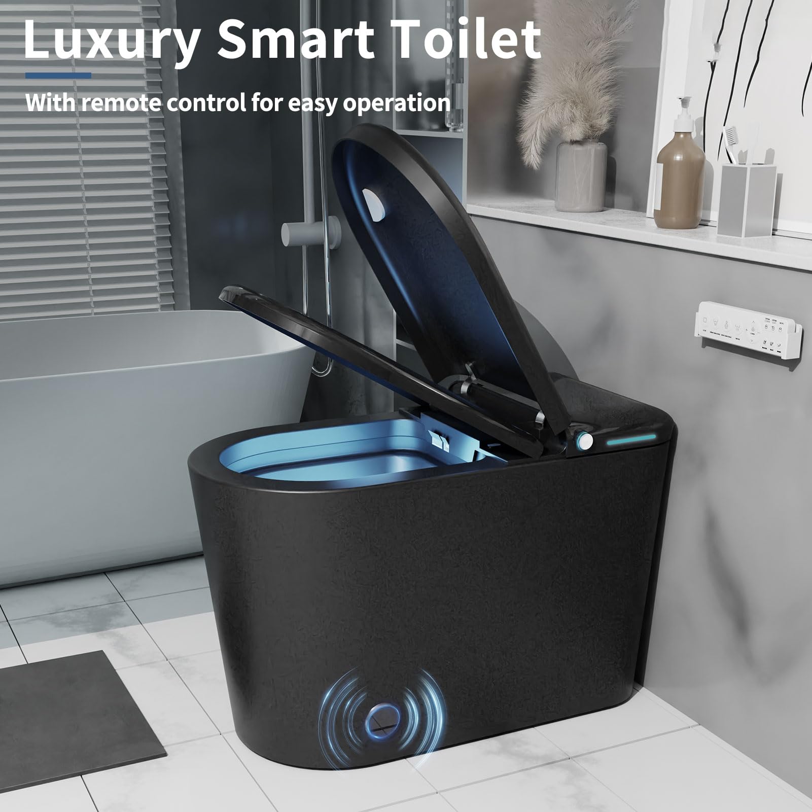 Smart Toilet with Bidet Built in, Auto Open & Close, Elongated Heated seat, Foot Sensor Flush, LED Display, Warm Water Wash, Dryer, Night Light, Black