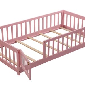 Brafab Montessori Floor Bed with Safety Guardrails and Convertible Door, Twin Size Solid Pine Wood Floor Bed Frame with Slats, Full Length Fence for Girls, Boys, Child Bedroom, Kids Playroom (Pink)