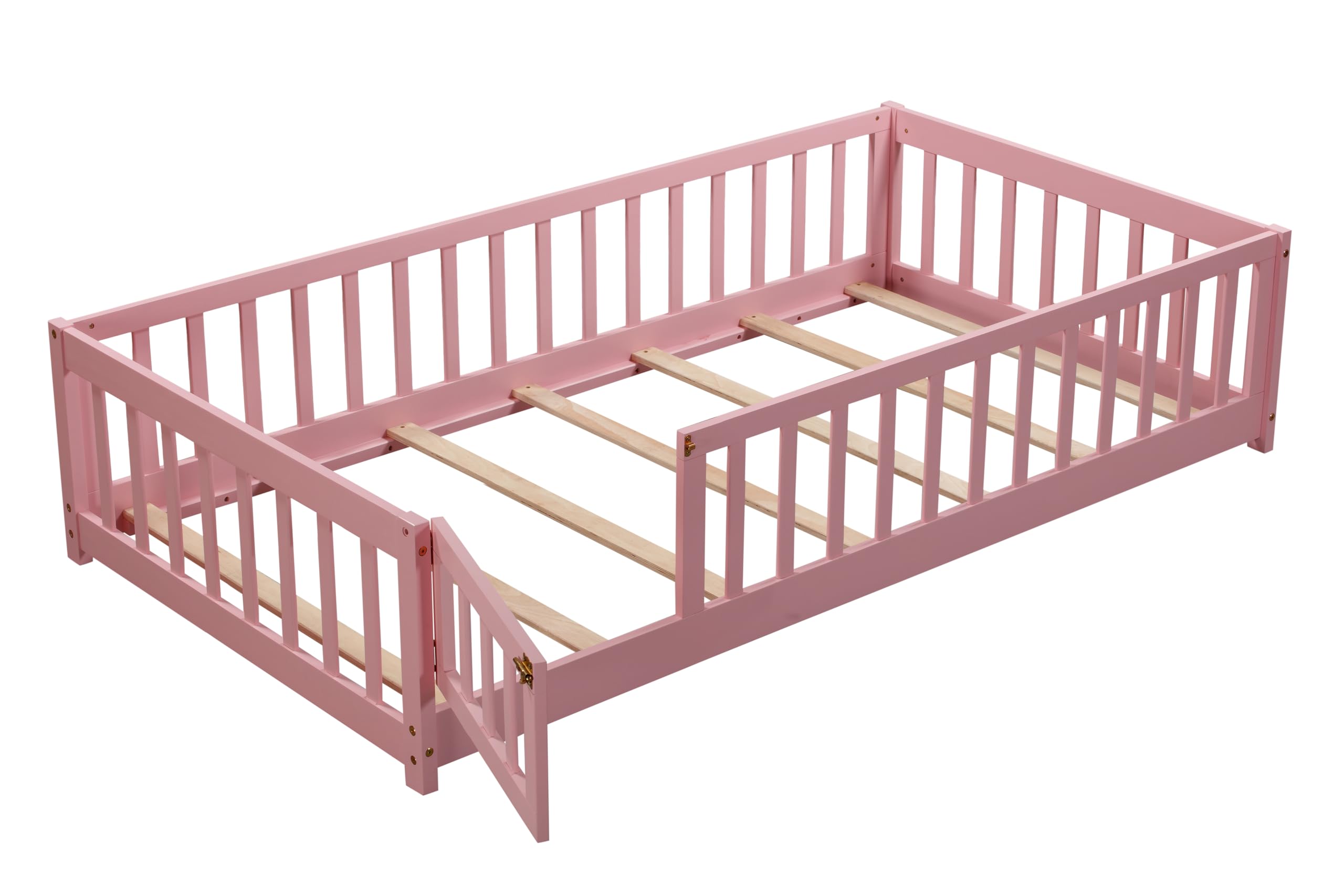 Brafab Montessori Floor Bed with Safety Guardrails and Convertible Door, Twin Size Solid Pine Wood Floor Bed Frame with Slats, Full Length Fence for Girls, Boys, Child Bedroom, Kids Playroom (Pink)