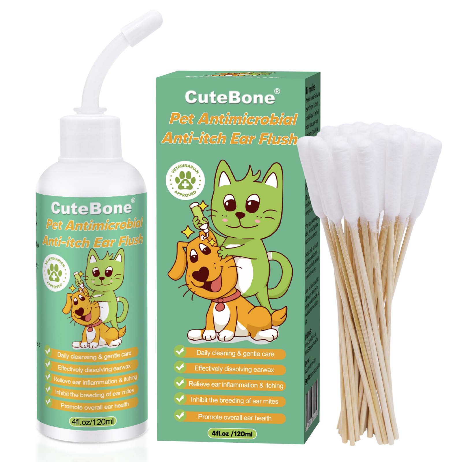 CuteBone Dog Anti-Itch Ear Flush - Cleans & Removes Wax Odor, Deodorizes, Soothes Ear Inflammation for Pet - Easy Ear Wash Care Solution - Ear Cleaner 4 fl.oz & 30 Cotton Swabs Kit