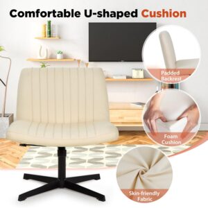 PayLessHere Criss Cross Chair,Armless Cross Legged Office Chair,Wide Comfty Desk Chair with No Wheels Modern Height Adjustable,Swivel Fabric Vanity Chair Computer Task Chair for Home Office (Beige)