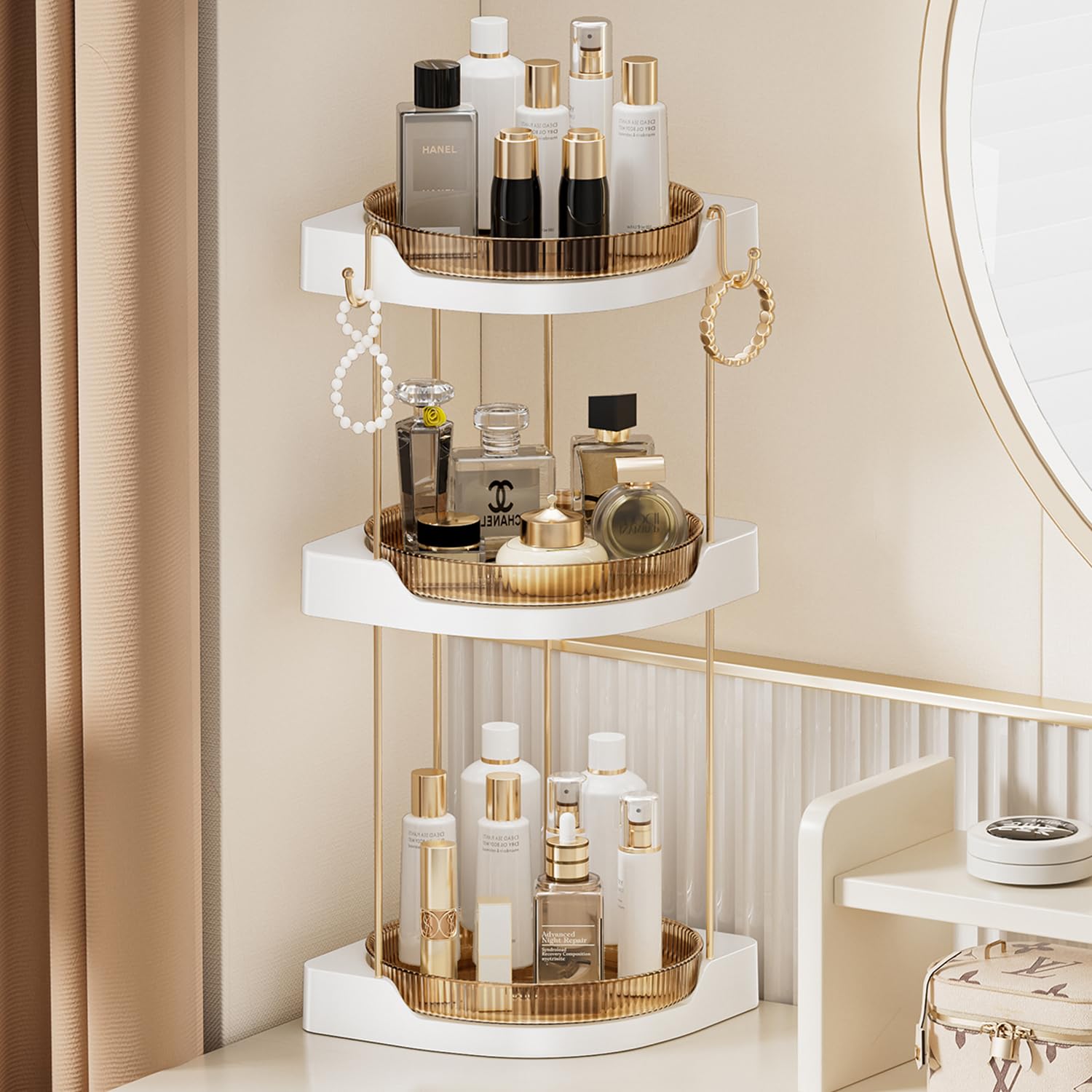 DOADW Makeup Organizer Countertop - 360° Rotating Bathroom Organizer Spinning Skincare Care Organizer - 3 Tier Lazy Susan Corner Organizer with 2 Hole Rack for Bathroom, Kitchen